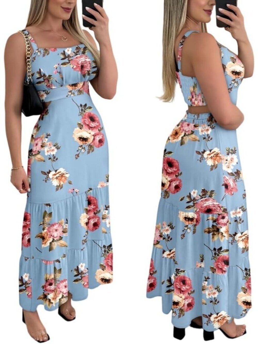 ✨Women's Blue/Pink Floral Sleeveless Cut Out Square Neck Casual Maxi Dress